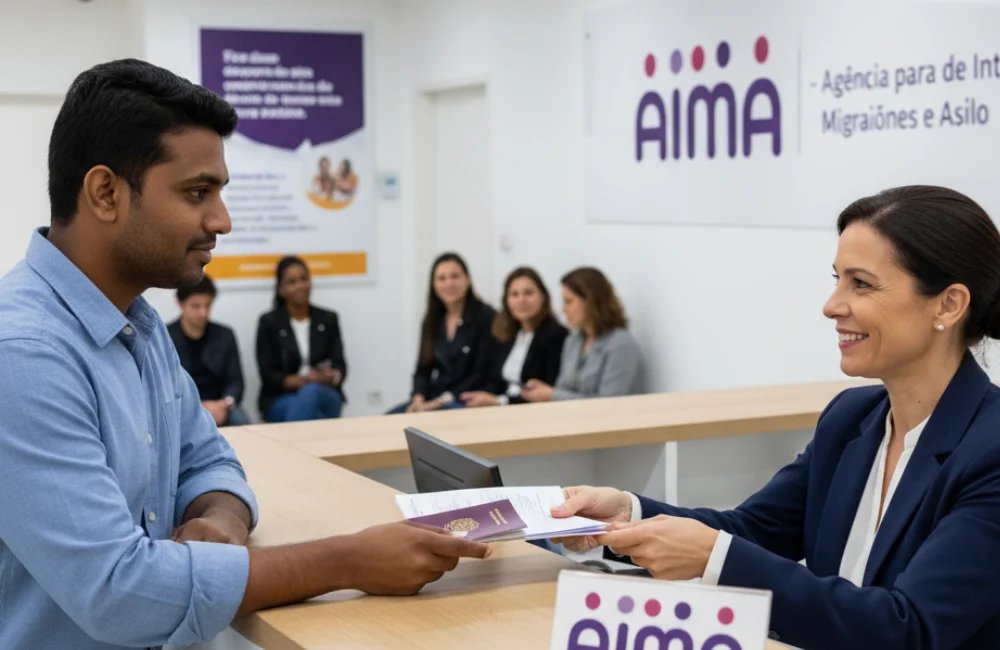 Imigrante entregando documento para renovação de residência em Portugal