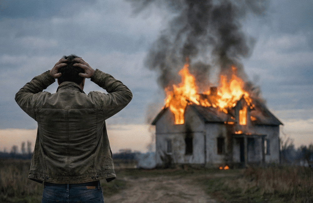 Homem de costas olhando uma casa em chamas, com o texto ‘O vendedor faliu e agora?’. Ilustração para CPCV insolvência do vendedor.