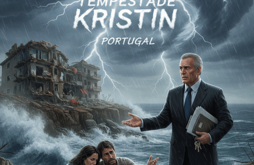 Telhado danificado por tempestade Kristin com telhas partidas e destroços - responsabilidade do senhorio